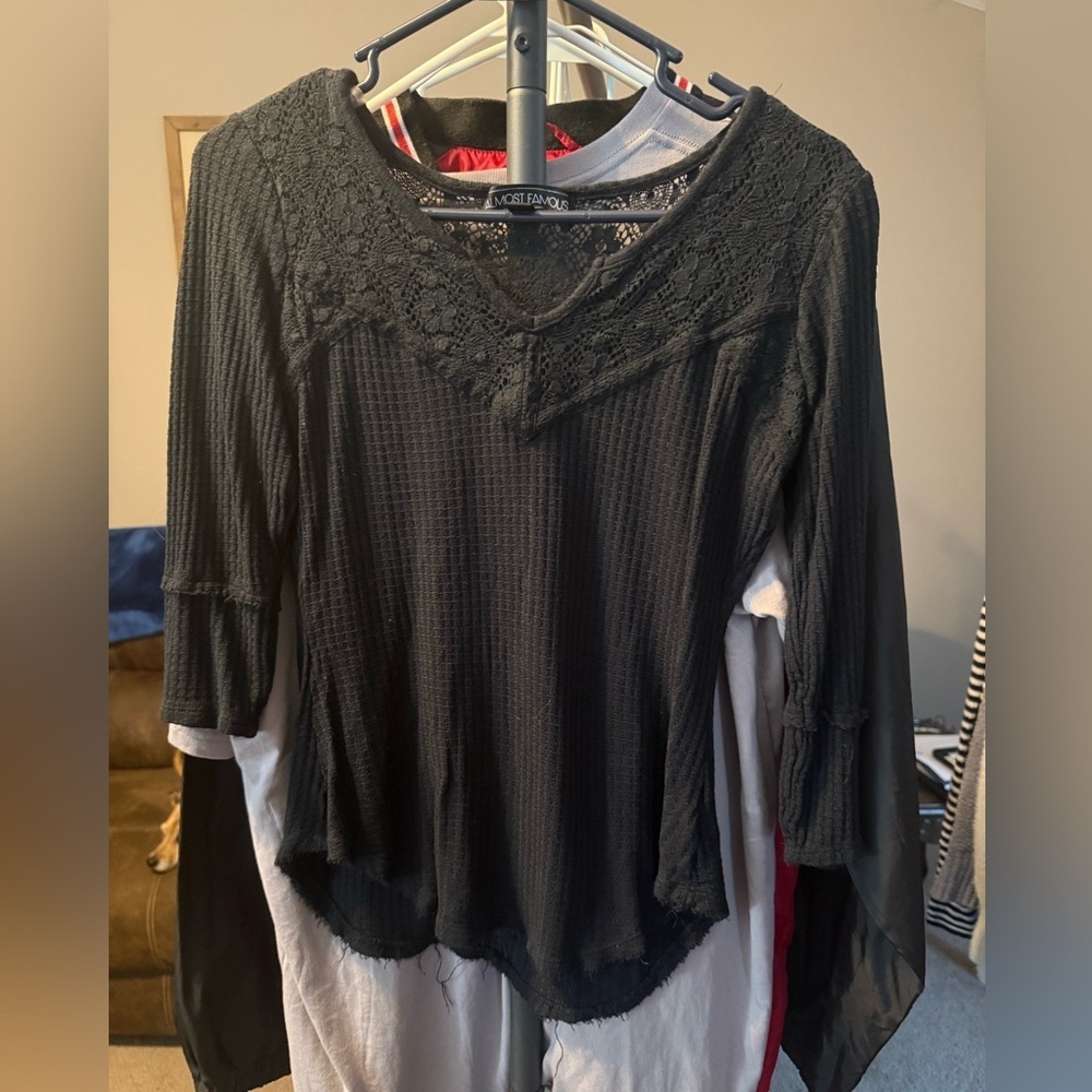🔥 Almost Famous Black Lace Waffle Knit Top — Size Large
